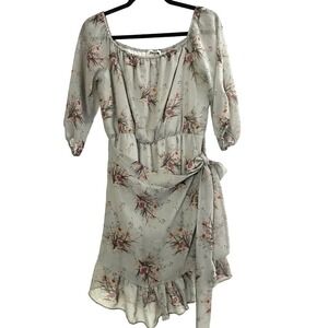 HUMMINGBIRD Gray-Sage Floral Peasant Sleeve Faux-Wrap Dress - Sz Large